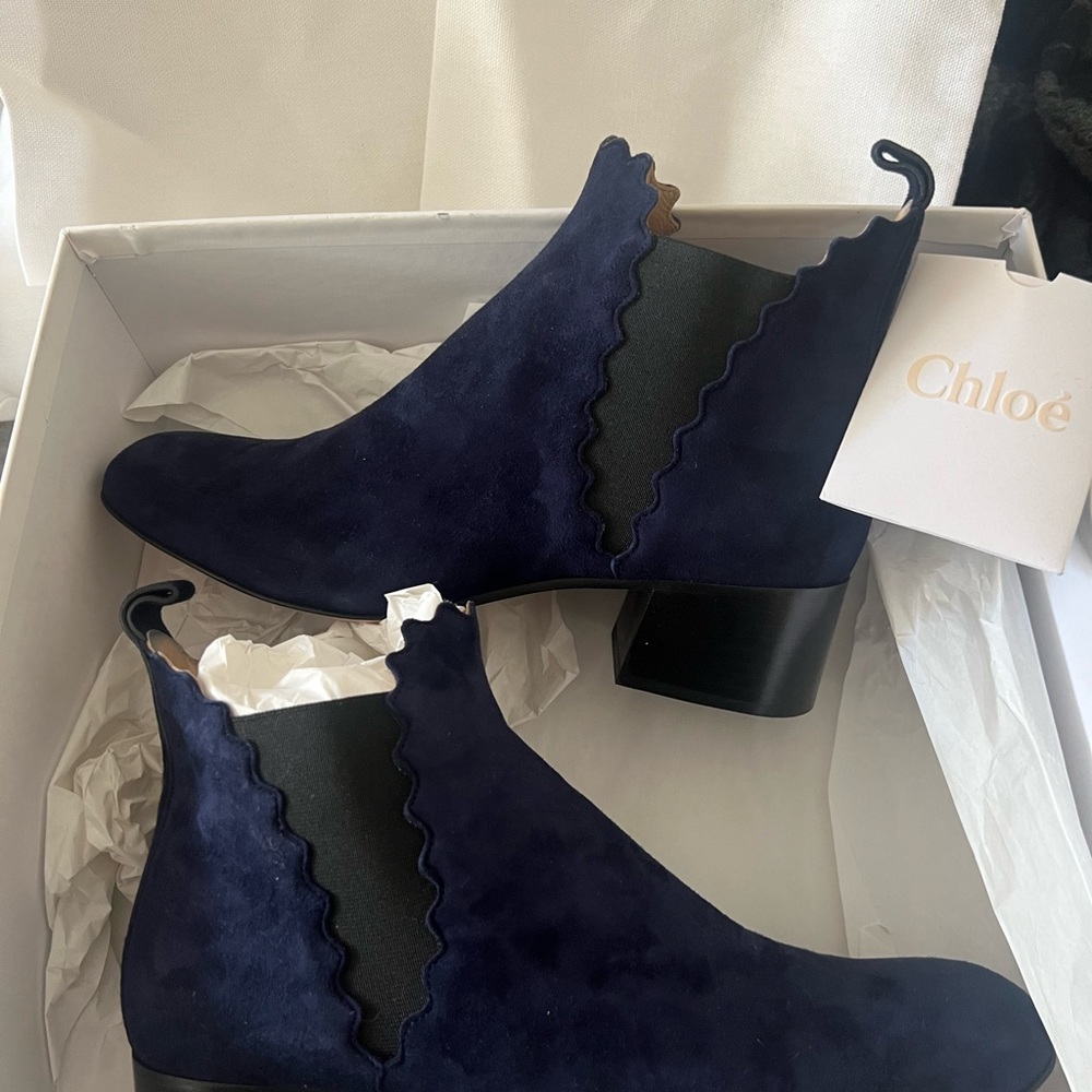 Chloe scalloped suede blue ankle boots
